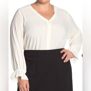 T Tahari Button Down Ruffle Cuff Chiffon Blouse Ivory Size 2X NWT sheer whimsy